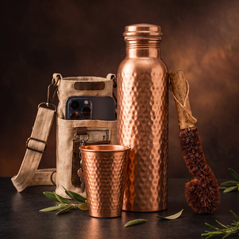 Neera Ritual Set: hammered copper water bottle, copper tumbler, canvas bottle bag with phone pocket and coir cleaning brush