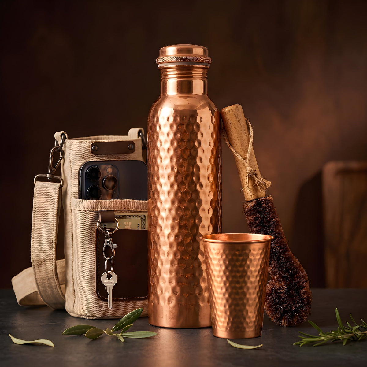 Neera Ritual Set: hammered copper water bottle, copper tumbler, canvas bottle bag with phone pocket and coir cleaning brush