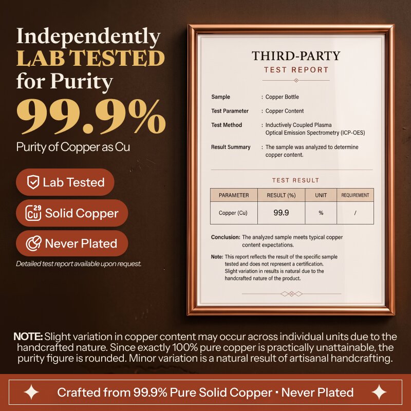 Independently lab tested for 99.9% copper purity - framed third-party test report for Neera copper bottle