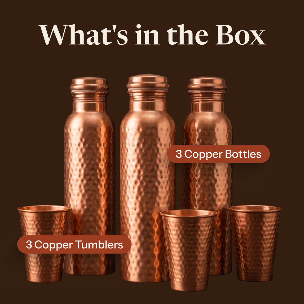Neera Pure Copper Ritual Set | Handcrafted Copper Bottle Water and Tumbler | 34 Oz