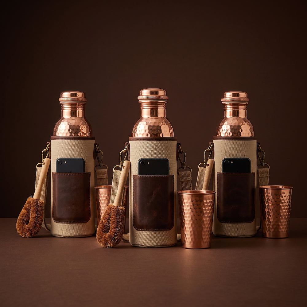 Neera Pure Copper Ritual Set | Handcrafted Copper Bottle Water and Tumbler | 34 Oz
