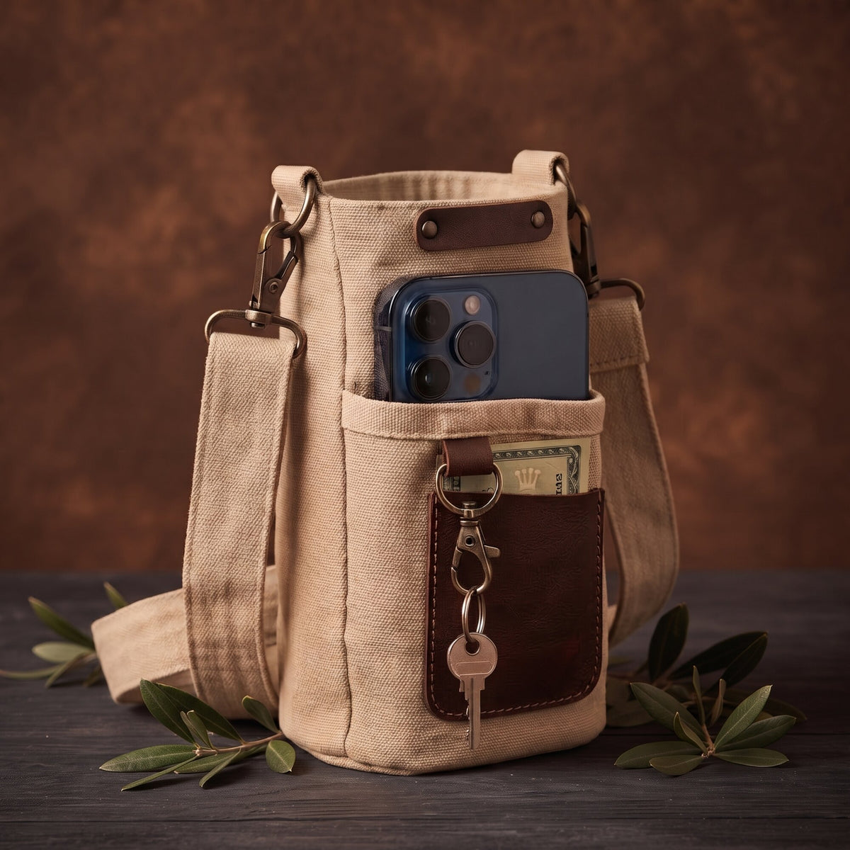 Beige canvas travel sleeve with leather pocket holding a phone, cash and keys - adjustable crossbody strap