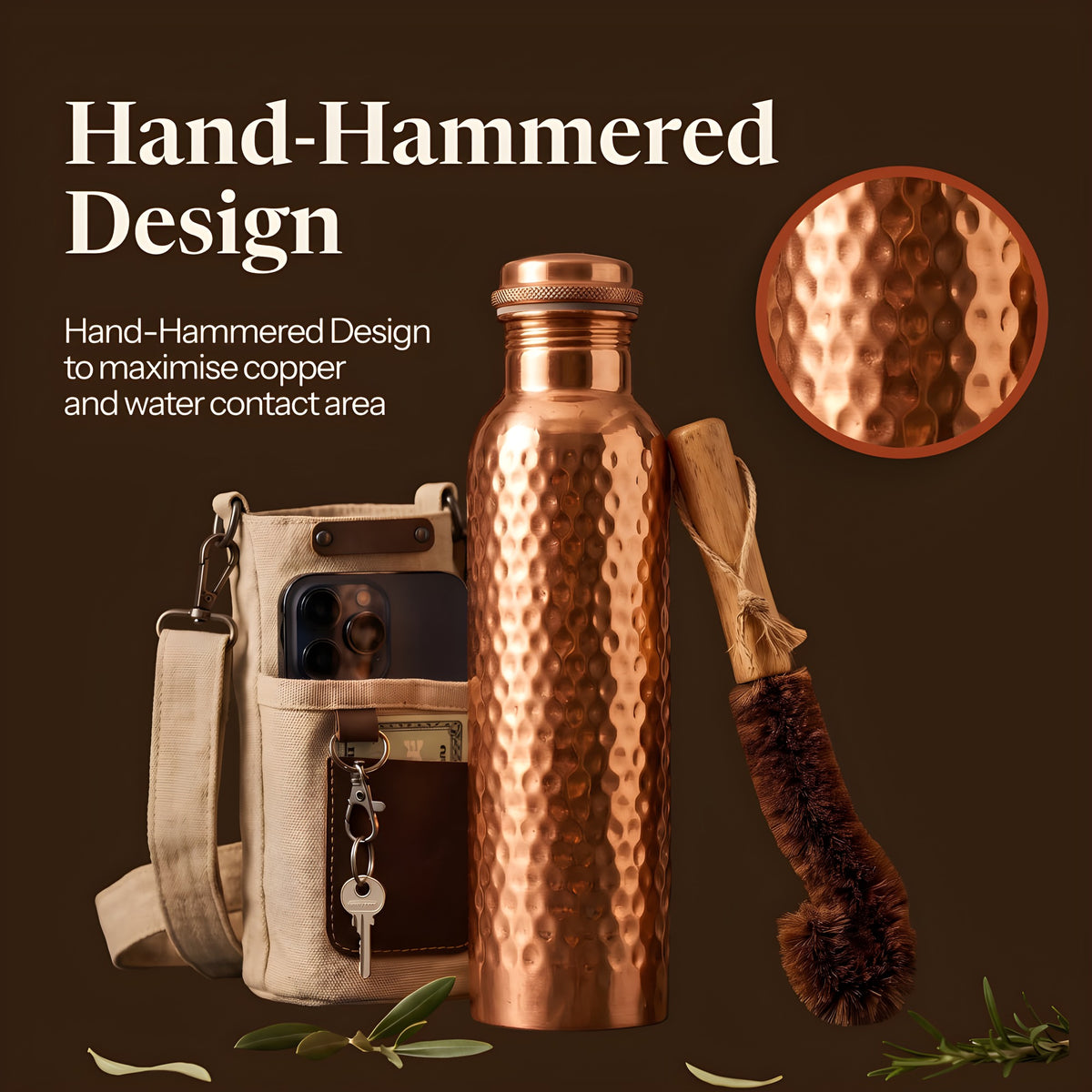 Hand-hammered copper bottle with canvas sleeve and coir brush - hammered texture close-up