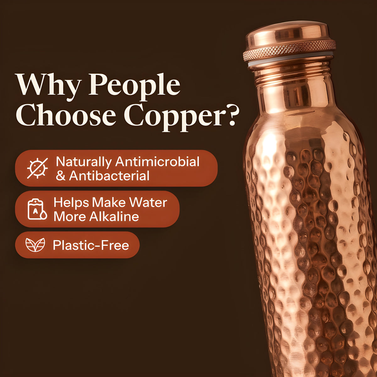 Why people choose copper: naturally antimicrobial, makes water more alkaline, plastic-free - hammered copper bottle close-up